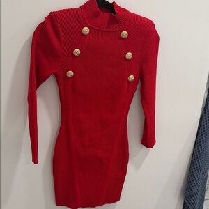 Retrofete Red Long Sleeve Dress with Gold Buttons